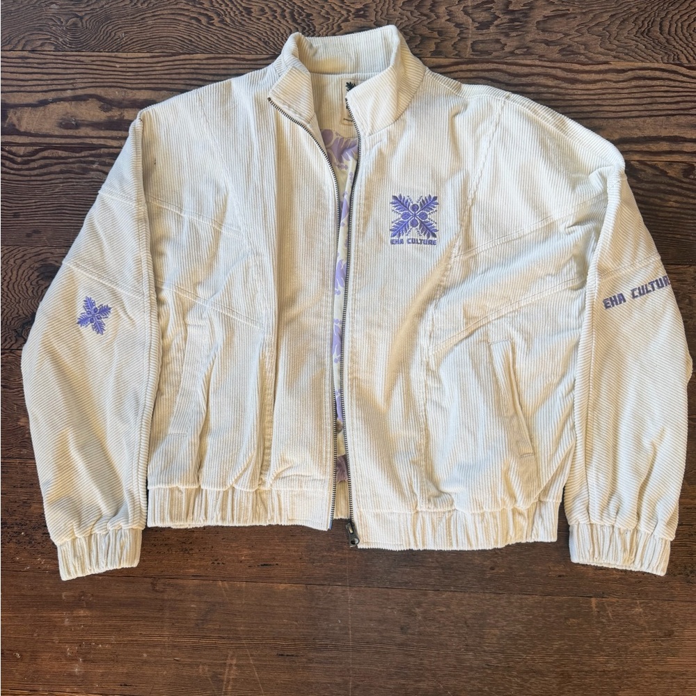 Cream Bomber Jacket with Purple Accents